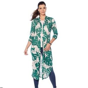 G by Guilianna Slub Knit Green Leaf on Pale Pink Open Duster Cardigan XS NWOT